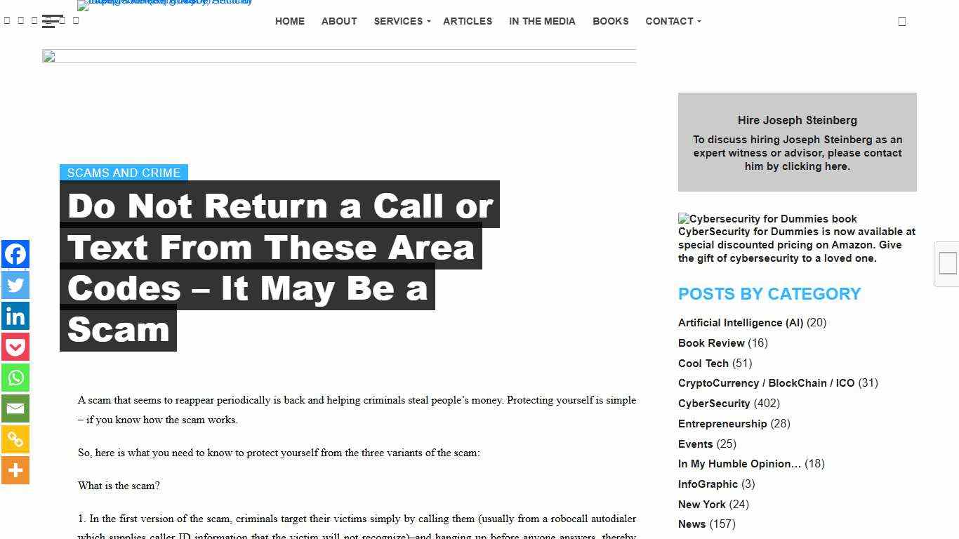 Do Not Return a Call or Text From These Area Codes - It May Be a Scam - Joseph Steinberg: CyberSecurity Expert Witness, Privacy, Artificial Intelligence (AI) Advisor