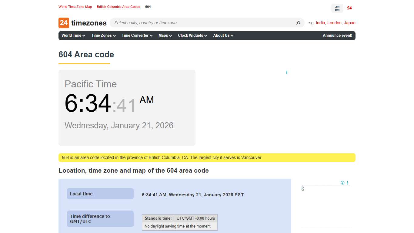 604 area code — information, time zone, map